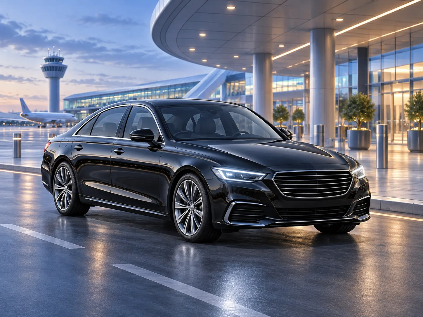 Illustrative black executive sedan at airport