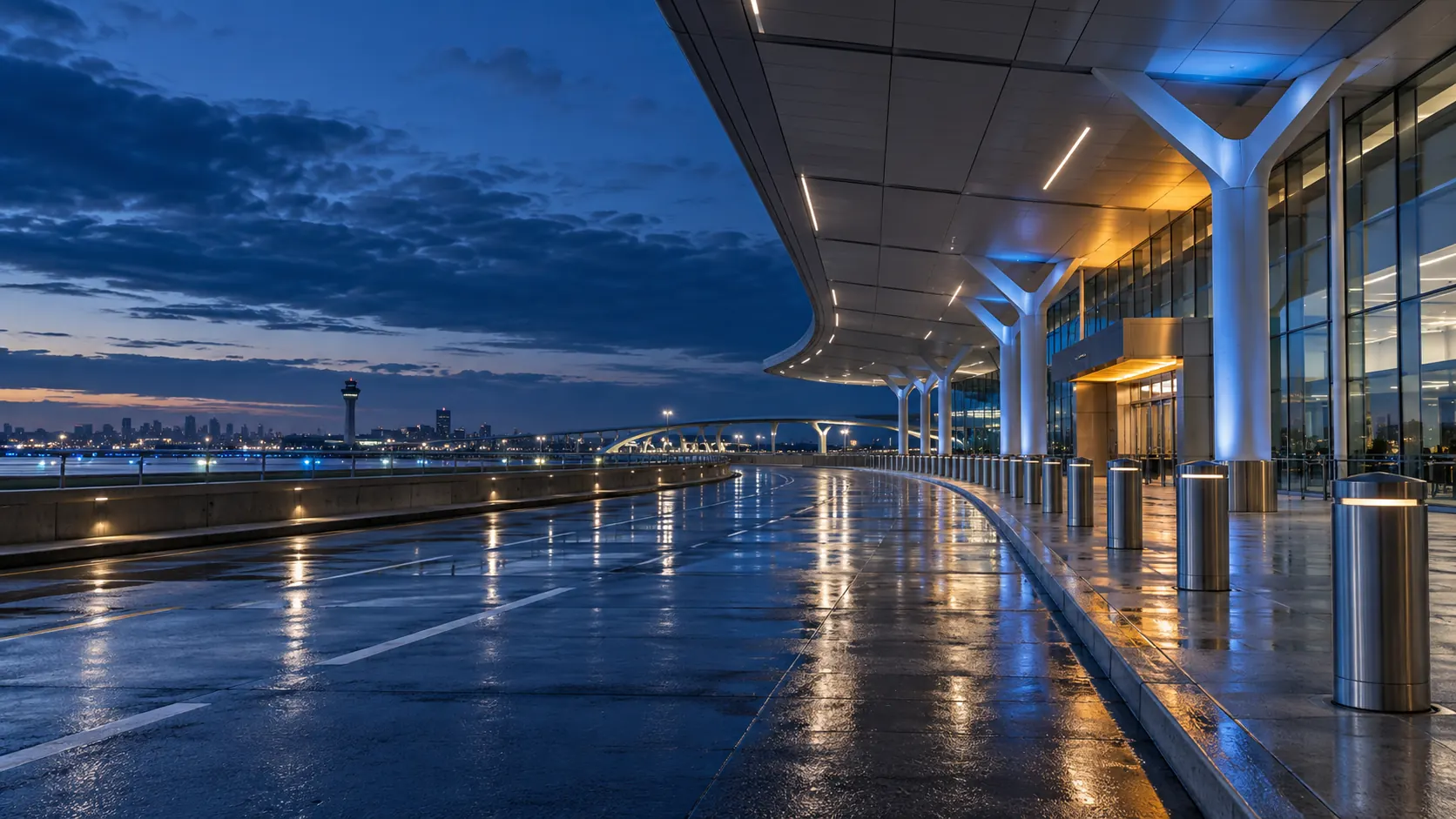 Airport terminal curb at blue hour after rain