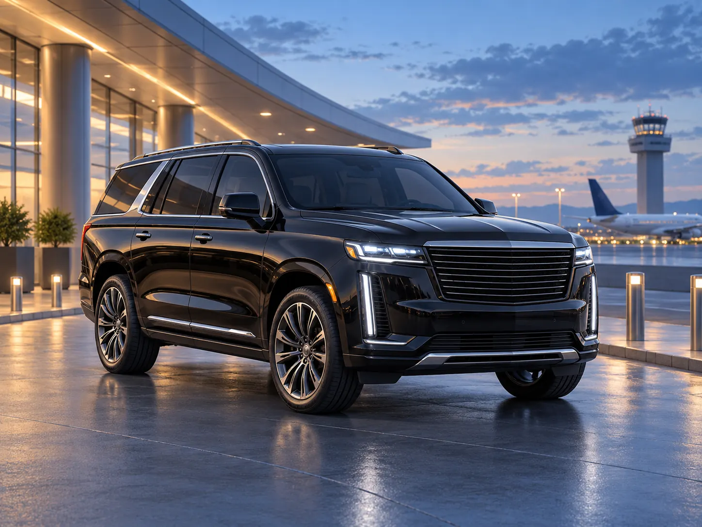 Illustrative full-size black SUV at airport