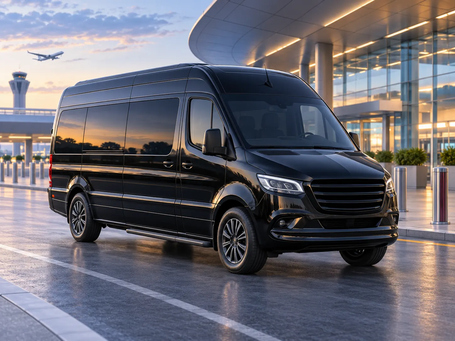 Illustrative executive van at an airport terminal, showing the full vehicle